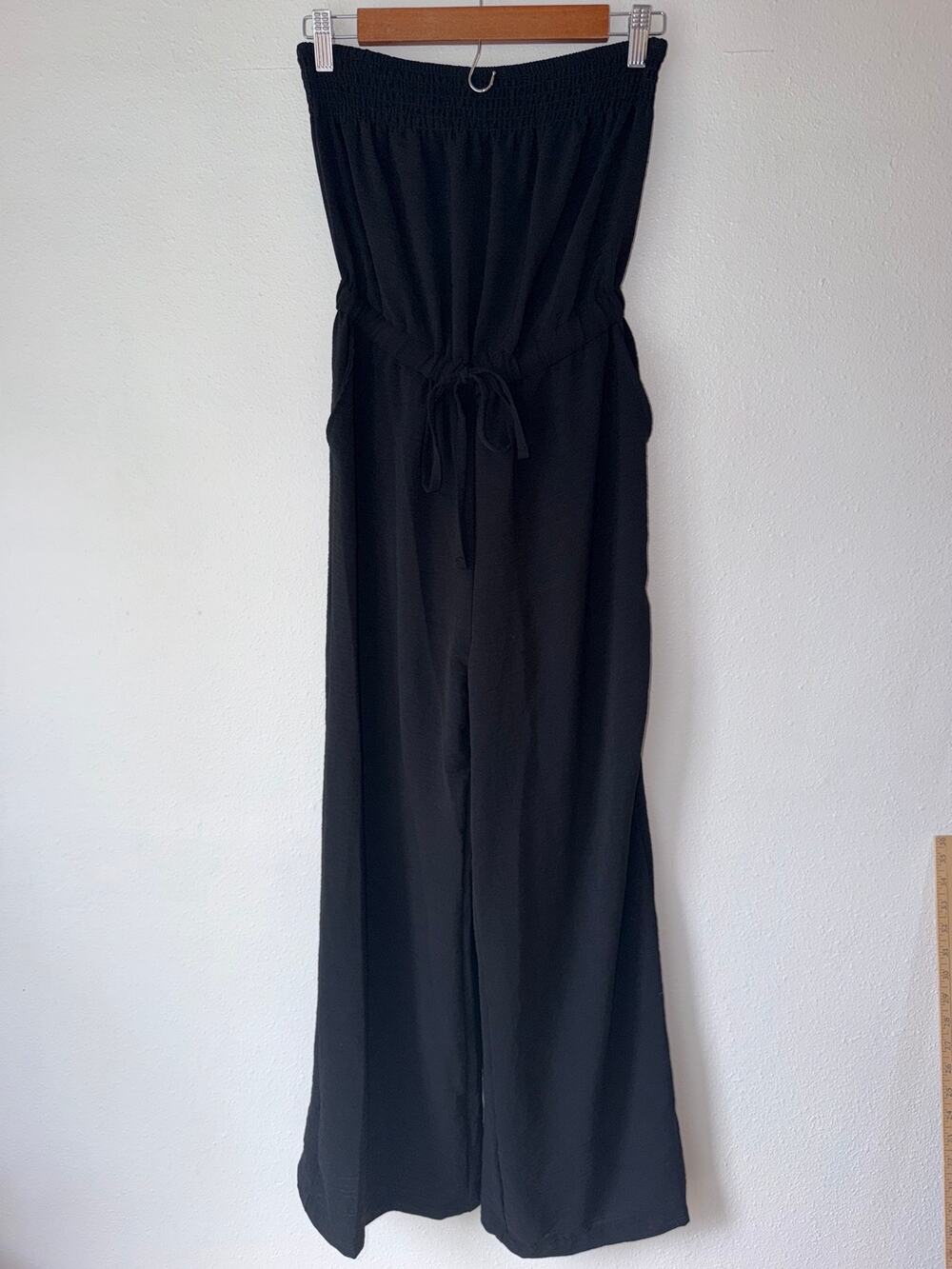 Black Strapless Minimalist Boho Tie Waist One Piece Jumpsuit w/ Pockets Size XS